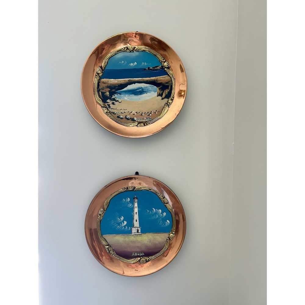 Set of 2 Aruba Copper Decorative Wall Plates 10" Hand Painted Island Handmade